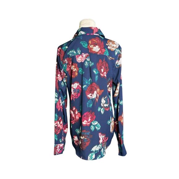 Merona blue red floral long sleeves tunic blouse size M - Picture 9 of 11